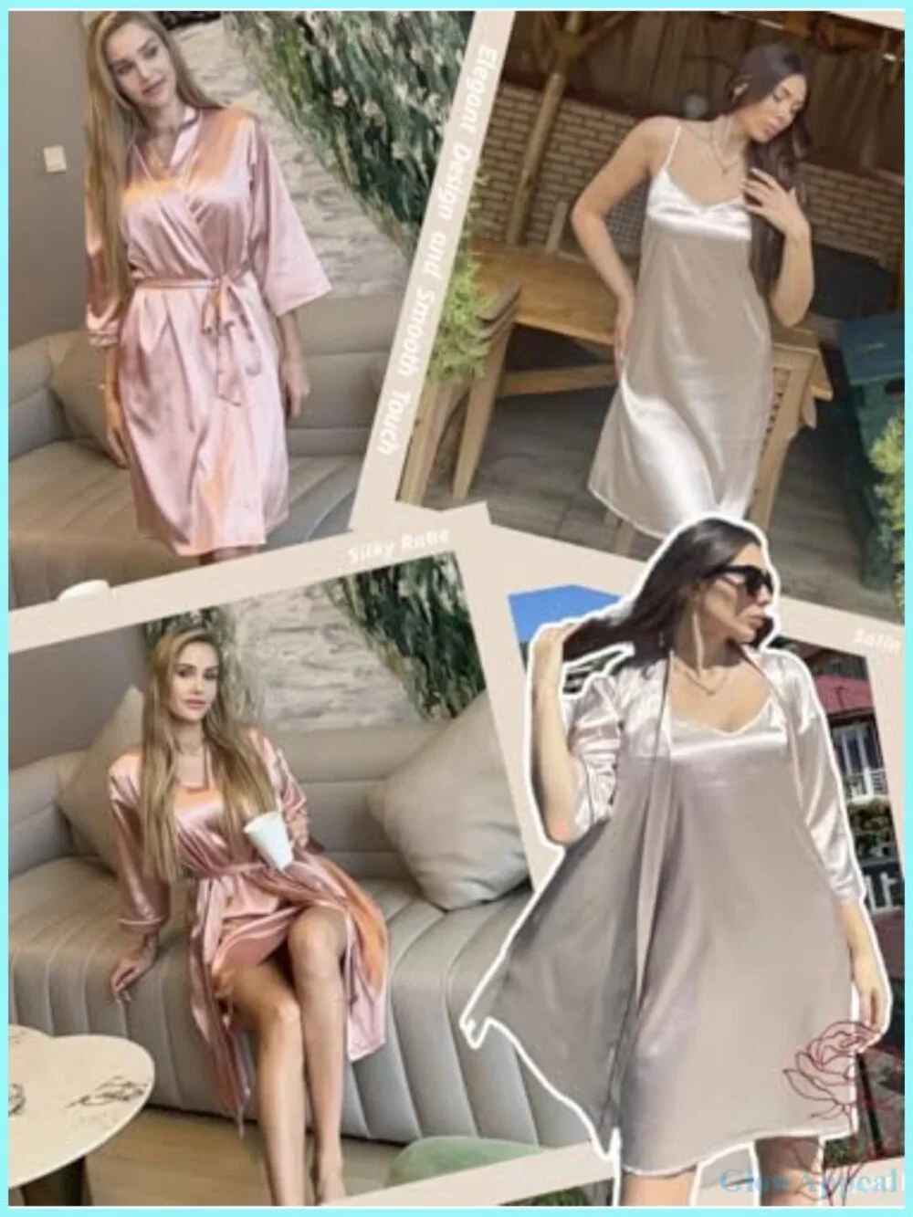 Ekouaer Women's Silk Robe Set V Neck 2 Piece Satin Bathrobes 3/4 Sleeves Bridal